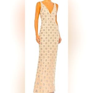 Mac Duggal  Column dress in champagne hand beaded with a back slit  NWT